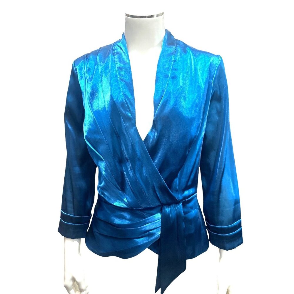 Jackie Jon New York Size 6 Teal Satin Wrap Tie Waist Top Back Zipper Luxe Shine - Picture 2 of 12